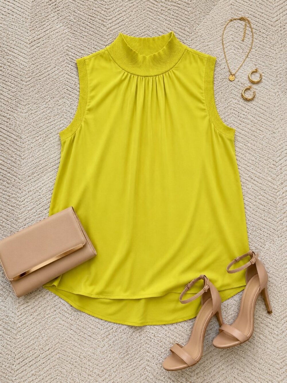Calvin Klein Ribbed Mock Neck Sleeveless Blouse Size XL Dill Flower Green Yellow